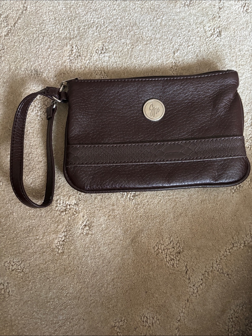 Joy Mangano JM Brown Leather Wristlet Pouch – Two-Tone Snake Embossed